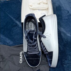 CHANEL Velvet Navy and Silver Sneakers